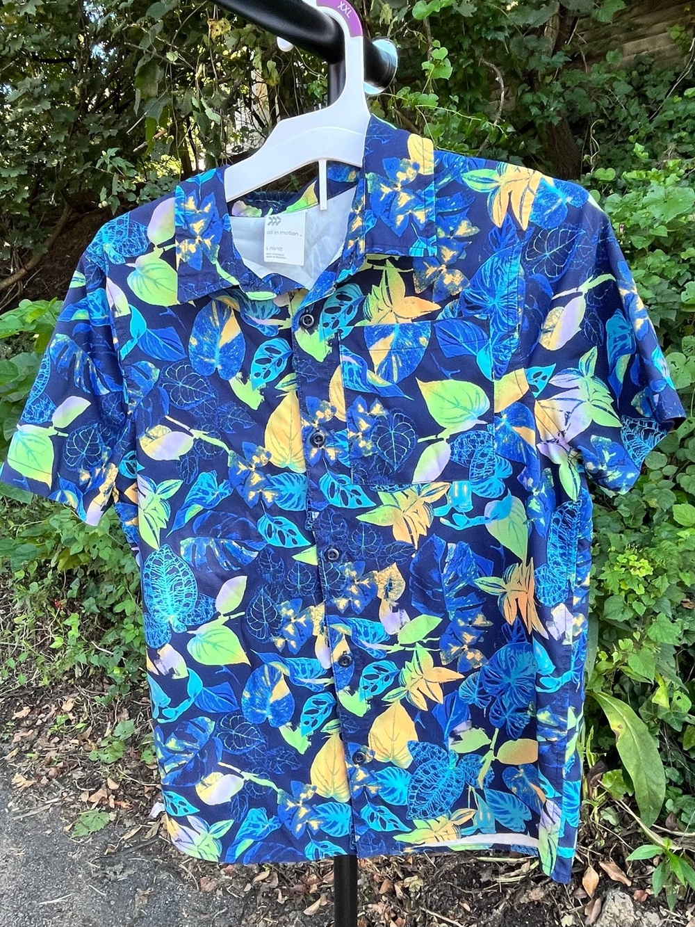 Navy Blue Tropical Leaf Hawaiian Button-Down Shirt
